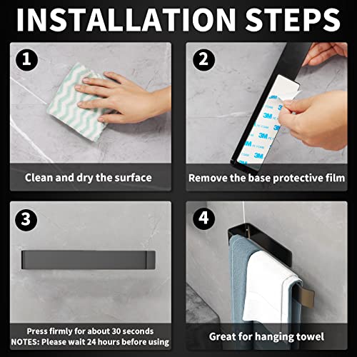 JS Self Adhesive Hand Towel Holder Towel Rail Black Towel Ring for Bathroom Kitchen Stick on Wall No Drilling