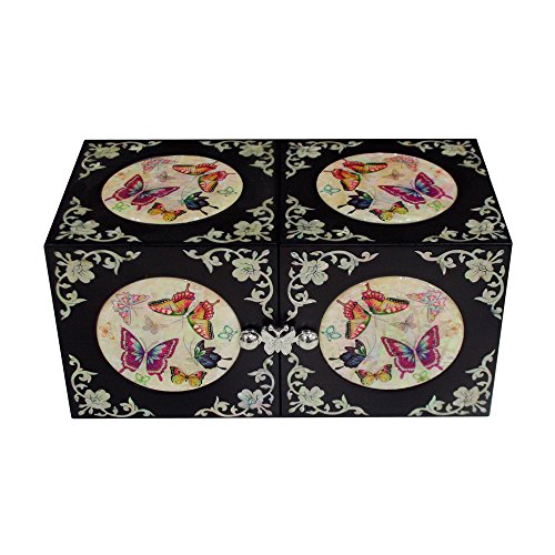 Mother of Pearl Crane Bird and Pine Tree Design Purple Wooden Jewellery Drawer Mirror Trinket Keepsake Treasure Gift Asian Lacquer Box Case Chest