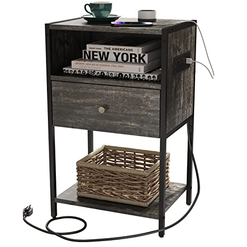 LDTTCUK Nightstand Set of 2 with Charging Station, Modern End Table with Drawer, White Bedside Table with Open Storage for Bedroom