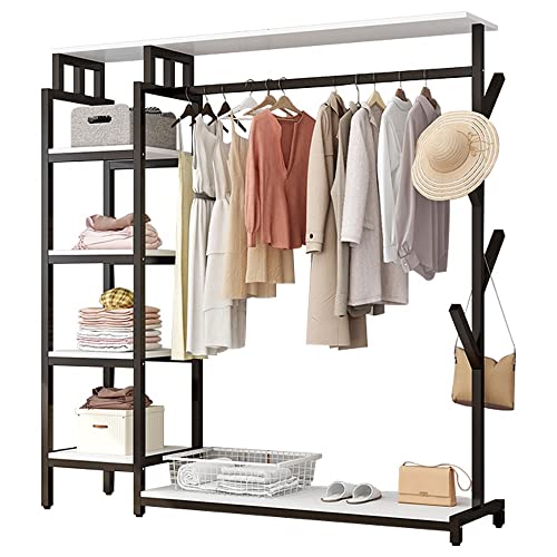 Clothes Rack, Heavy Duty 5 Tier Coat Rack with Hanging Rail, Open Wardrobe, 4 Hooks, Industrial Design, Metal Frame, White 140x40x170cm