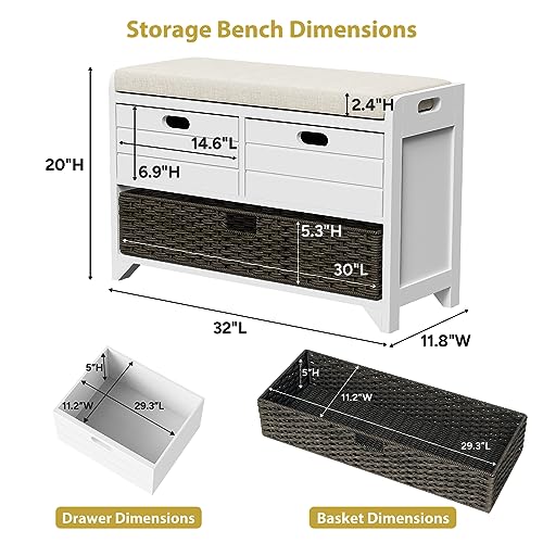 LOVMOR 32" Storage Bench for Entryway, Shoe Bench with Storage Removable Basket and 2 Drawers, Entryway Bench with Shoe Storage, Entryway Storage