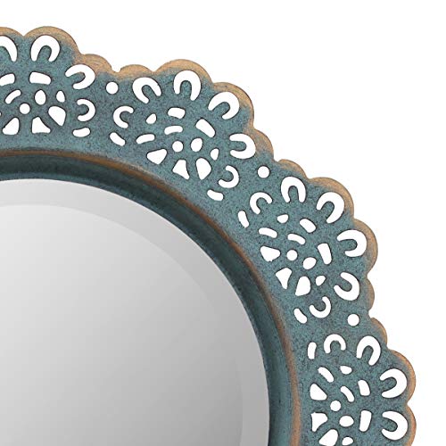 Stonebriar Decorative Round Metal Lace Wall Mirror with Attached Hanger, Turquoise