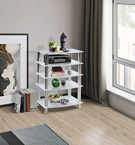 Homeology GALAGO 5-Shelf Premium Opti-White Glass with Silver Legs AV Rack