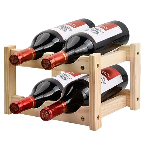 Fangehong Wooden Wine Rack, 3 Tier 6 Bottles Wine Bottle Display Shelves, Free Standing Wine Storage Holder, Wine Racks for Kitchen Pantry Wine C