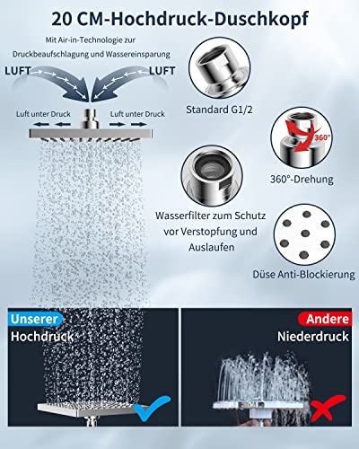 Hibbent Rain Shower Head 8 Inch, Stainless Steel Cover Rain Shower Head, Square Built-in Shower Heads, Mirror-Like Appearance, Swivelling Beam An