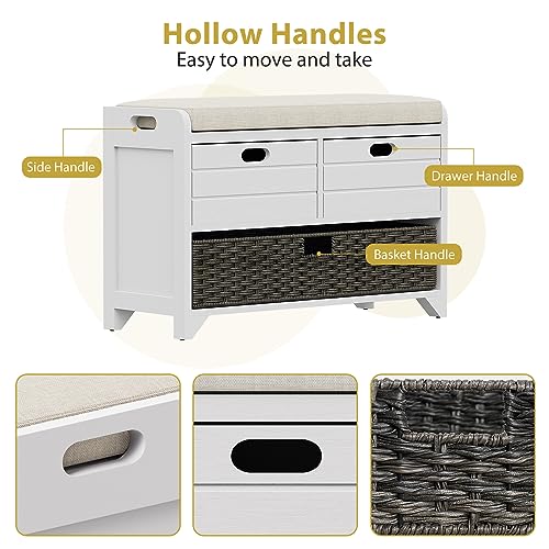 LOVMOR 32" Storage Bench for Entryway, Shoe Bench with Storage Removable Basket and 2 Drawers, Entryway Bench with Shoe Storage, Entryway Storage