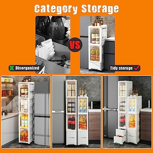CIADAZ 3/4 Tier Rolling Storage Cart with Clear Drawers, Bathroom Floor Cabinet, Tall Bathroom Storage Cabinet Organizer Narrow Dresser Storage T