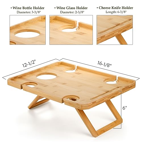 Kingrol Bamboo Wine Picnic Table with Wine Bottle, Glass and Cheese Knife Holder - Park, Camping, Beach, Outdoor Snack and Cheese Tray, Wine Love