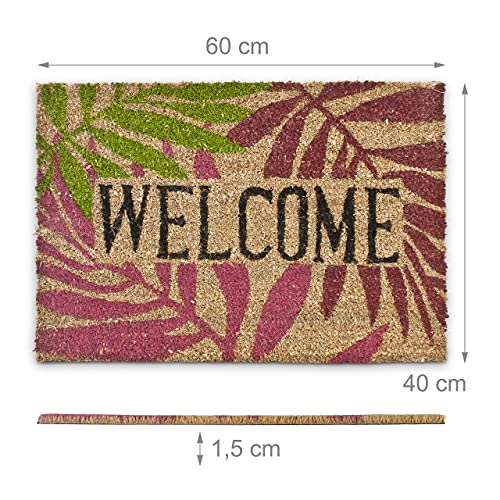 Relaxdays Coconut Fibre PALM LEAVES Doormat 40 x 60 cm Coir Welcome Mat with No-Slip Rubber PVC Underside, Multicolour