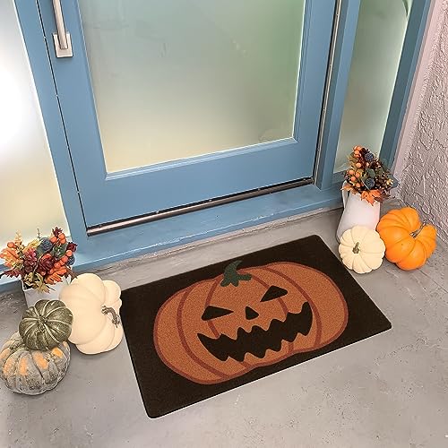 Lahome Halloween Decorative Door Mat, Outdoor Indoor Front Doormat with PVC Backing, Durable Non Slip Black Pumpkin Coir Door Mats for Entrance P