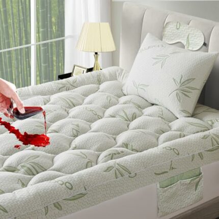 Bamboo Mattress Topper with 1 Pillow Protector, Side Pocket, Waterproof Mattress Protector, Cooling Extra Thick Breathable Mattress Pad Cover,8-2