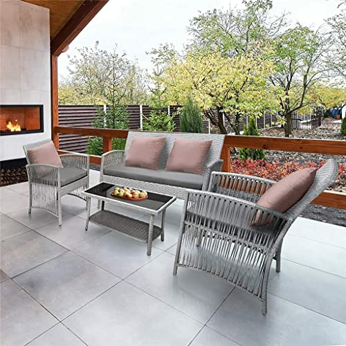DLOETT 4pcs Garden Furniture Outdoor Garden Lounge Set with Cushions Glass Table Garden Patio Rattan Sofa Set