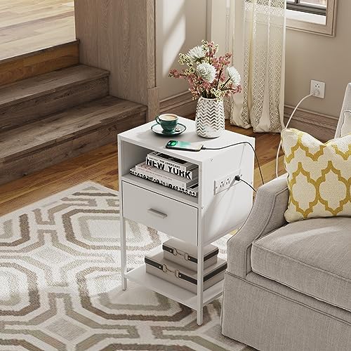 LDTTCUK Nightstand Set of 2 with Charging Station, Modern End Table with Drawer, White Bedside Table with Open Storage for Bedroom
