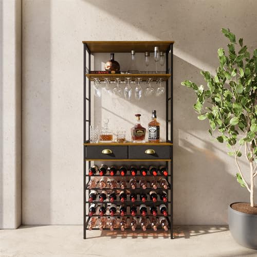 Alcaricio Liquor and Wine Rack Bar Cabinet with Two Storage Drawers for Small Cups and Bartending Utensils, Capacity for More Than 40 Bottles, Gl