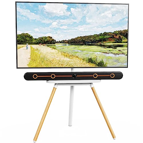 PUTORSEN Easel TV Tripod Stand for 43 to 65 Inch LED LCD Screens, Height Adjustment TV Floor Stand with TV Shelf and Solid Wood Tripod Base, Swiv