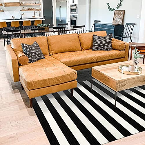 LEEVAN Outdoor Rug 5x7 Black and White Patio Rug, Washable Striped Door Mat Farmhouse Black Front Door Mat, Cotton Reversible Balcony Decor, Dura