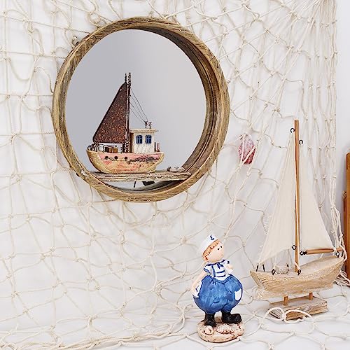 Linfevisi Round Wood Mirror Rustic Large Wall Mirrors Decor Solid Wood Frame Decorative Nautical Mirror with Sailboat Hanging Wooden Circle Mirro