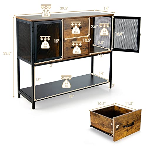 DSHGDJF Industrial Buffet Sideboard Kitchen Cabinet With Metal Mesh Doors And 2 Drawers