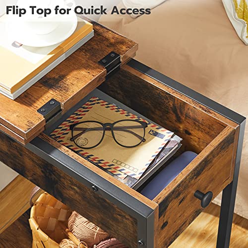 HOOBRO Narrow Side Table, Slim Bedside Table with Charging Station, USB Ports & Power Outlets, Nightstand for Living Room, Bedroom, Flip Top, Rus