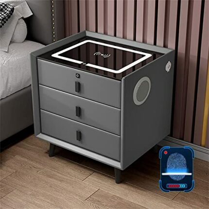 Nightstand With Fingerprint Lock Drawer, Smart Nightstand with Wireless charging/2 USB port and LED Lights, Bluetooth Speaker Side Table with Sto