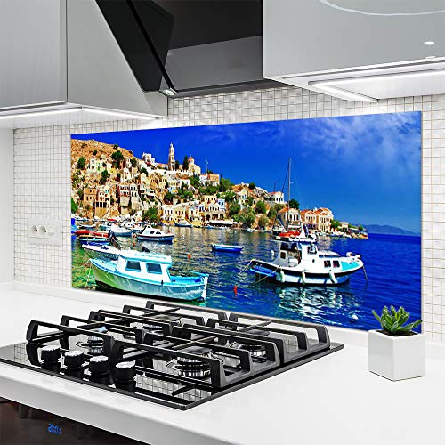 Tulup Glass Splashback for Kitchen - 55.1 in x 27.6 in / 140x70 cm - Cooker Wall Protection Tempered Glass - Boats City Sea Landscape
