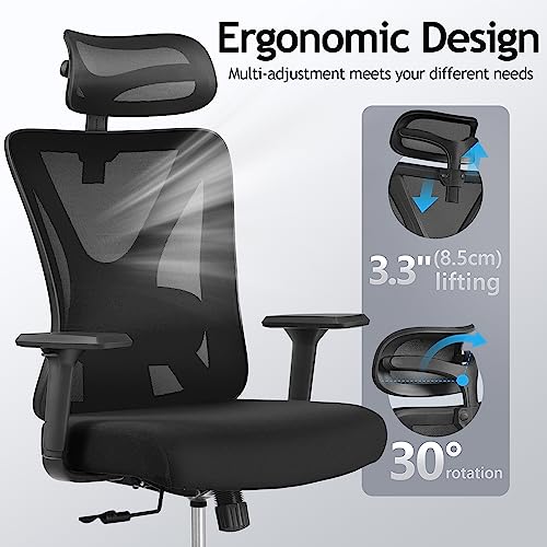 KERDOM Office Desk Chair, Ergonomic Swivel Chair with Adjustable Headrest and Lumbar Support,High Back Mesh Computer Chair with 130° rocking Lock