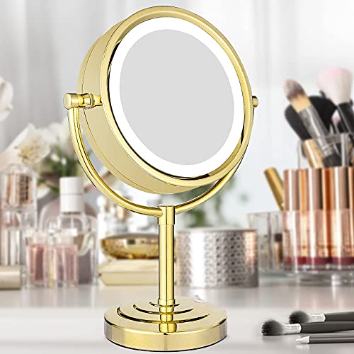 DOWRY Magnifying Mirror with LED Lights 10x Gold Illuminated Shaving Mirror Free Standing Mirror for Dressing Table 360 ° Rotatable Double Sided
