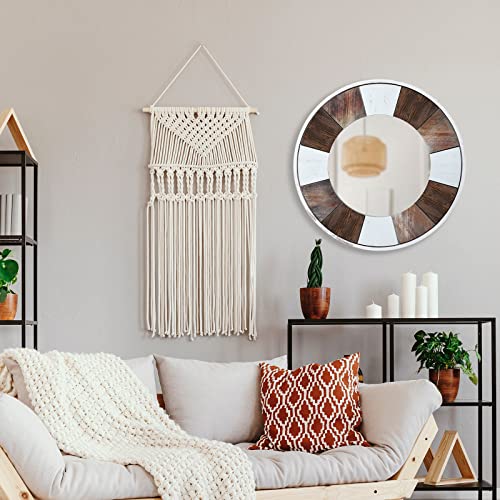 JJUUYOU Round Wall Mirror 19" Wooden Circular Mirror for Bathroom, Rustic Brown Vanity Mirror Wall Decor Wood Frame Make up Mirror for Living Roo