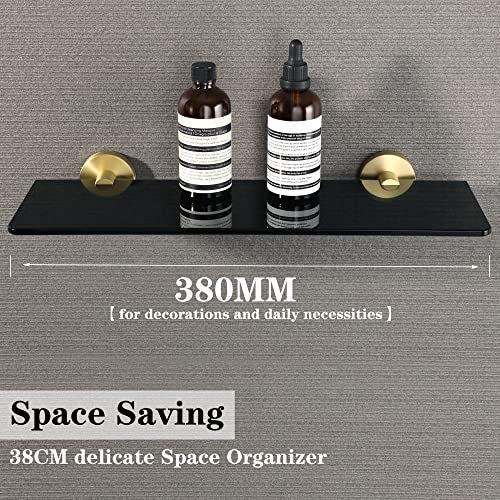 Mooche Bathroom Shelf Tempered Black Glass Shelf Wall Mounted 15 Inch Shower Storage Shelves with SUS304 Stainless Steel Golden Shelf Bracket, GD