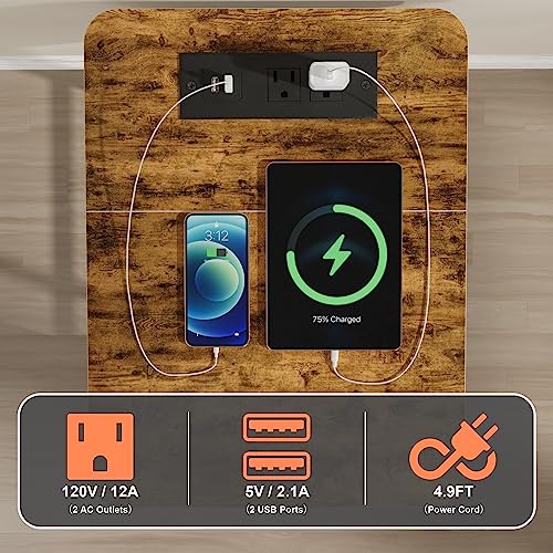 GYIIYUO Nightstand with Charging Station and Fabric Drawer, Side Table with Storage for Bedroom, Bedside Tables with Steel Frame - Rustic Brown