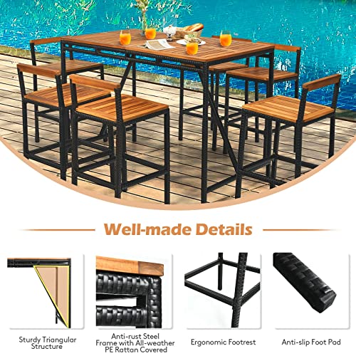 MIAOZI 7PCS Patio Rattan Bar Set Acacia Wood Frame Stools Table Umbrella Hole Outdoor Bar Set