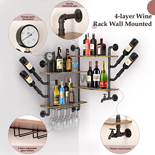 Nisorpa Wood Wine Rack Wall Mounted, Wine Glass Holder 4 Layers Corner Wine Rack Floating Bar Shelves Wine Shelf Liquor Shelf Hanging Wine Glass