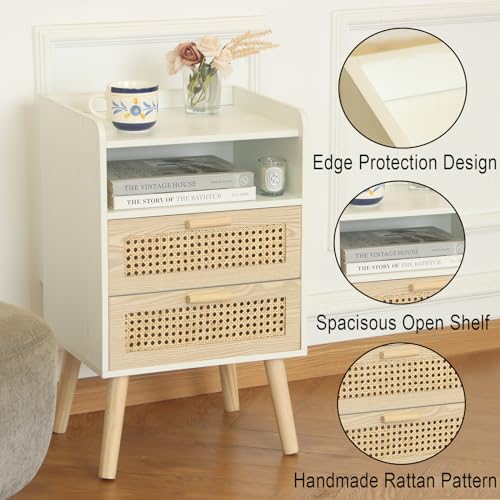 MaxSmeo White Nightstand with Rattan Drawers, Mid Century Modern Bedside Table, Boho Wood Nightstand for Living Room and Bedroom, White