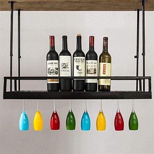 SUCHETA Hanging Wine Rack with Glass Holder and Shelf, Wine Lovers Bar Furniture& Home Bar Furniture Loft Wall Shelf Metal Iron Ceiling Rack Stor