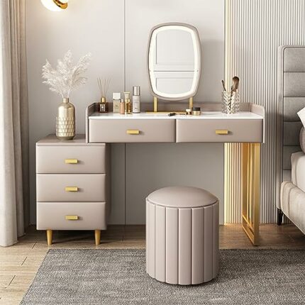 Modern Vanity Desk With Mirror And Light Makeup Vanity Table With 3 Color Lighting Modes Extendable Dressing Table With Storage Drawers Cushioned