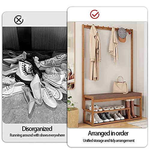 Clothes rack bamboo, coat rack with bench, clothes rack with 5 hooks and shoe rack, multi-purpose open clothes rail wood for hallway living room,