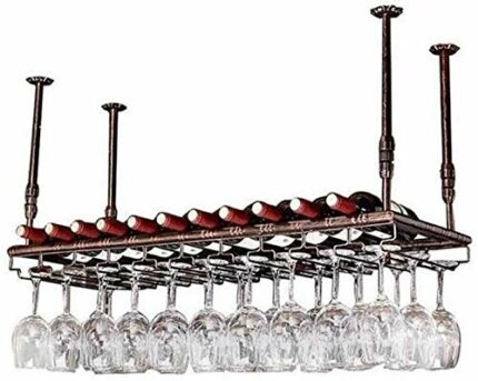 SUCHETA Hanging Wine Rack with Glass Holder and Shelf, Ceiling Wine Racks Wall Mounted Hanging Wine Bottle Holder Metal Iron Wine Glass Rack Bar