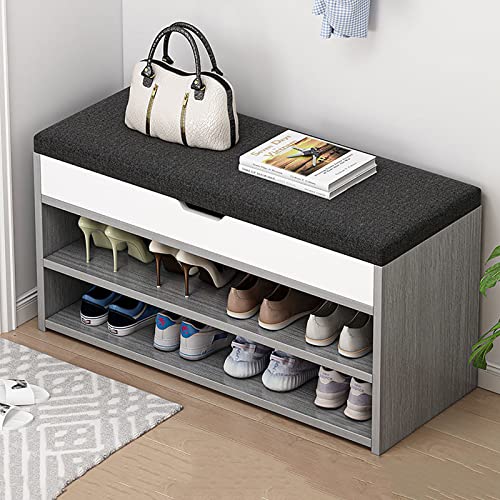 Shoe Storage Bench, Entryway Bench with Flip Top Storage Space And Padded Cushion, 2 Tier Wooden Shoe Storage Cabinet, Shoe Rack for Entryway Liv