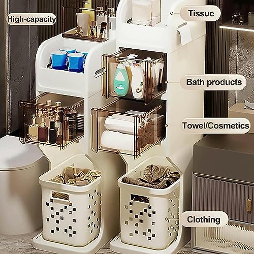 OPSREY 4 Tier Bathroom Floor Cabinet Laundry Hamper Cabinet, Slim Toilet Paper Storage Cabinet with Basket and Clear Drawers Narrow Tall Floor Ca