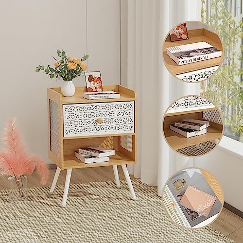 Iirios Nightstands Set of 2, End Table with Open Shelf, 2-Tier Night Stand with Adjustable Metal Floral Drawer, Night Stand for Bedroom Sofa Side