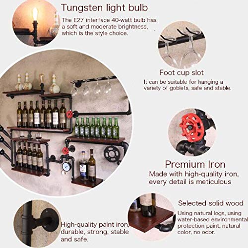 EYLINK Wine Rack Wall-Mounted Metal Wine Glass Rack Pipe Hanging Bottle Holder Wooden Floating Shelf Industrial Antique Decorative Display Rack W