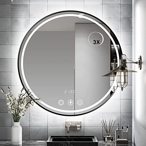 Devenirriche 600mm Round LED Bathroom Mirror, 24 inch Illuminated Wall Mounted Vanity Mirror with Sensor Touch Control,Anti-fog, 4 LED Light Colo