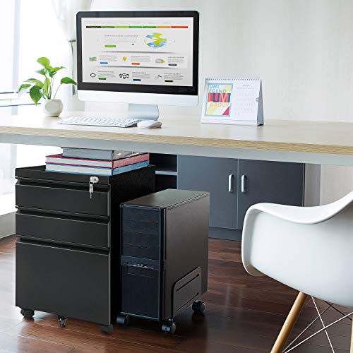 Maclean MC-850 Office Trolley Mobile Lockable Filing Cabinet 3 Drawers 39x64x50cm Matt Black