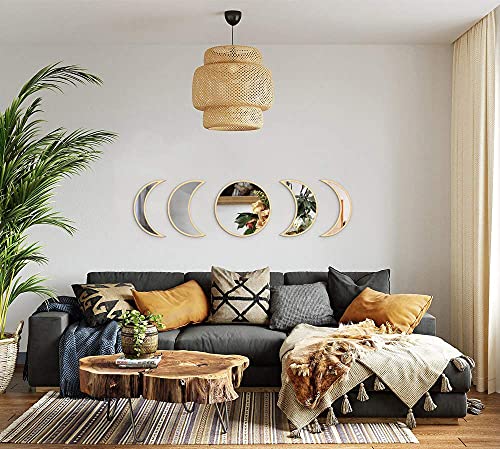 MAXROCK Moon Phase Mirror Set, 5 Piece Scandinavian Natural Decor Wall Decorative Acrylic Mirror Bohemian Moon Mirror for Living Room Bedroom, Ho