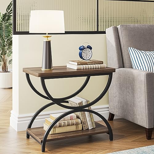 LITTLE TREE Wood Chairside Living Room, 2-Tier Nightstand Bedside Table for Bedroom, Engineered Metal, Brown