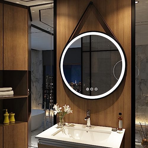 LUVODI LED Bathroom Mirror with Black Frame, 600x600mm Round Illuminated Lighted Wall Hanging Vanity Mirror with Anti-fog 3 Dimmable Lighting Col
