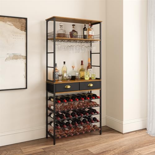 Alcaricio Liquor and Wine Rack Bar Cabinet with Two Storage Drawers for Small Cups and Bartending Utensils, Capacity for More Than 40 Bottles, Gl