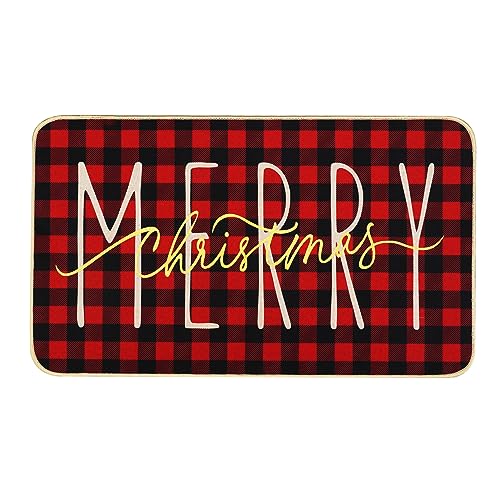 ONWAY Merry Christmas Doormat, Blue Gold Winter Seasonal Door Mat Christmas Holiday Low-Profile Floor Rug Switch Mat for Indoor Outdoor 17.5 x 29