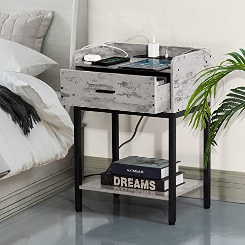 Lerliuo Nightstands Set of 2 with Charging Station and USB Ports, 3-Tier End Side Table with Storage Drawer and Shelf, Modern Bedside Night Stand