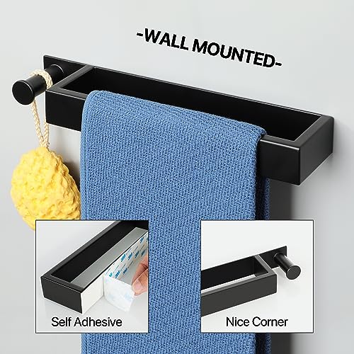 SAYAYO Towel Rail Wall Mounted Self Adhesive Towel Holder with a Hook 30CM/12-Inch Matte Black Towel Rack for Bathroom Kitchen SUS304 Stainless S